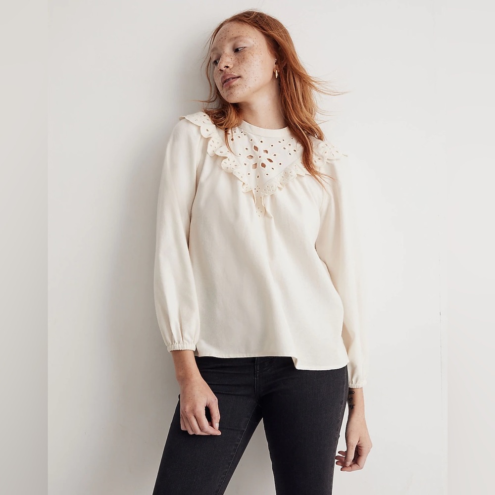 Madewell Embroidered Flannel Mockneck Top